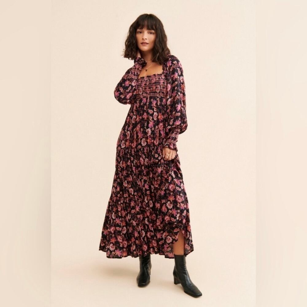 Free People Sweet Escape Smocked Maxi Dress Black Floral Boho prairie MEDIUM